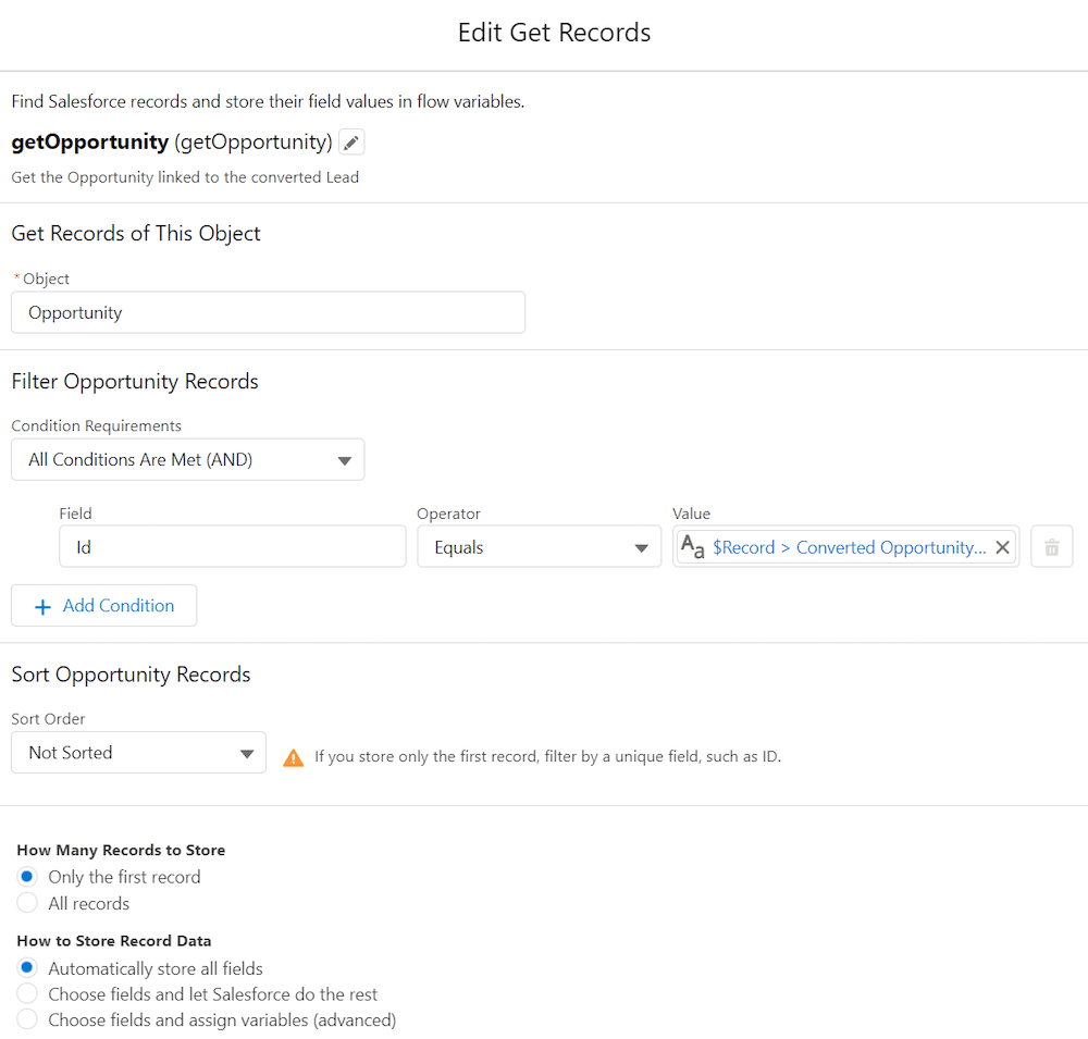 The configured Get Records Flow element.