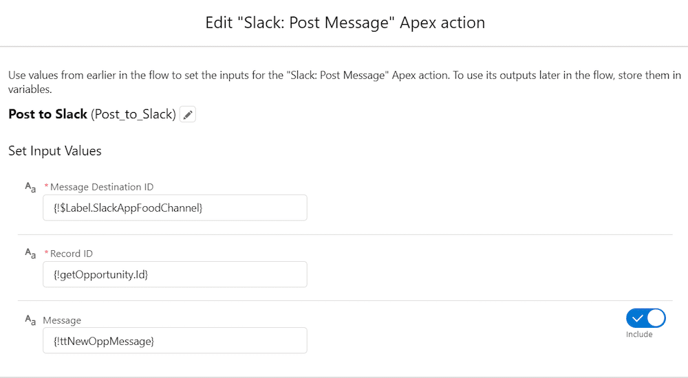 The configured “Slack: Post Message” Apex action.