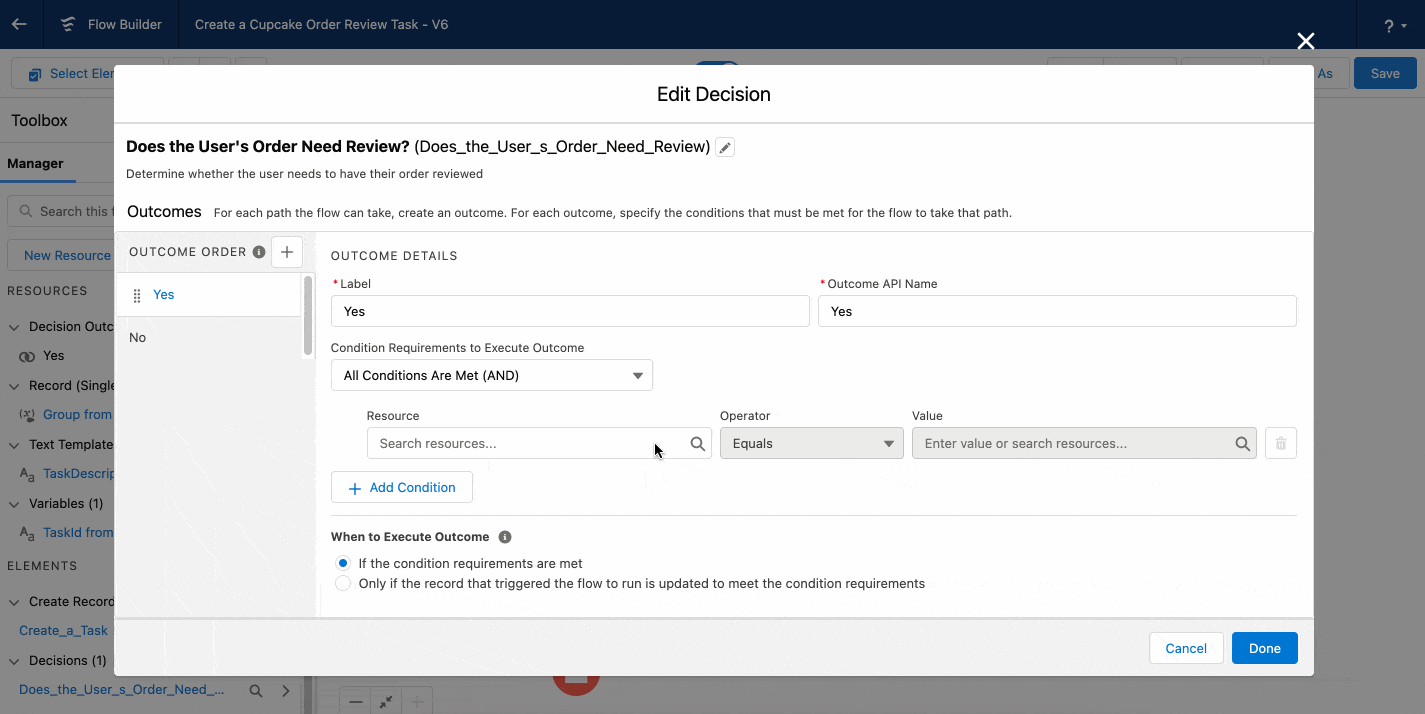 Selecting the custom permission to set the outcome condition.