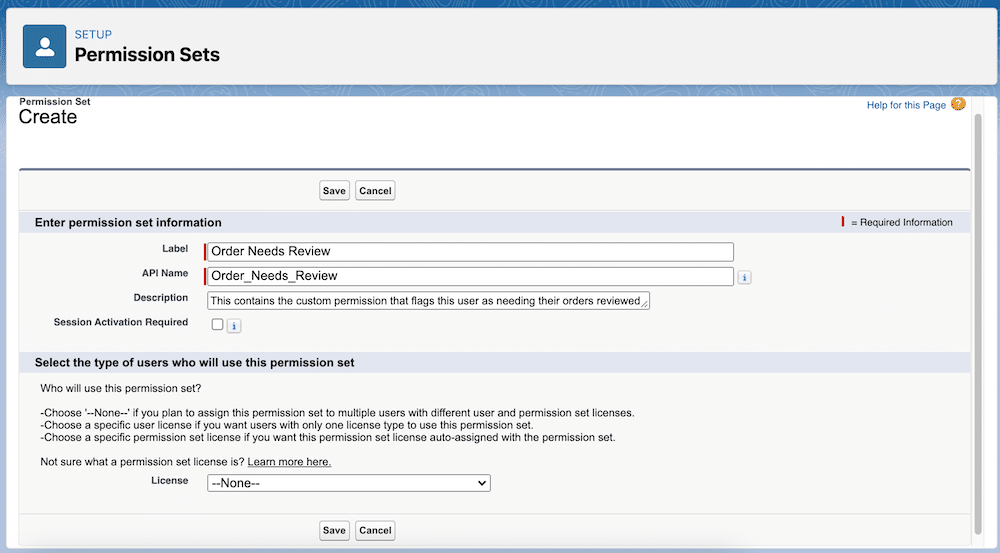 Permission set attributes.