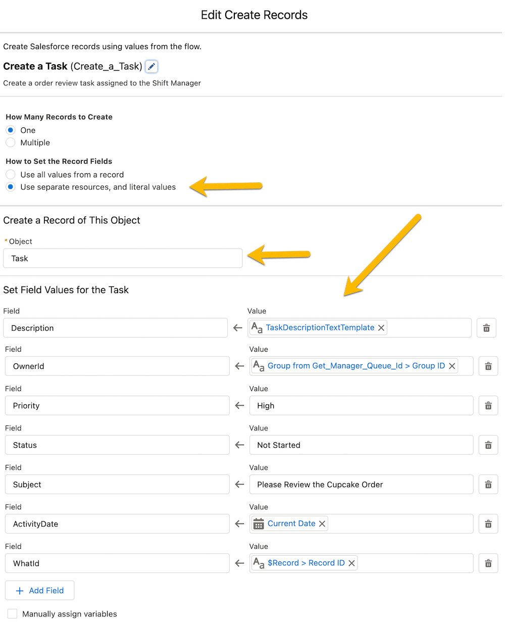 Configured Create Records Flow element.