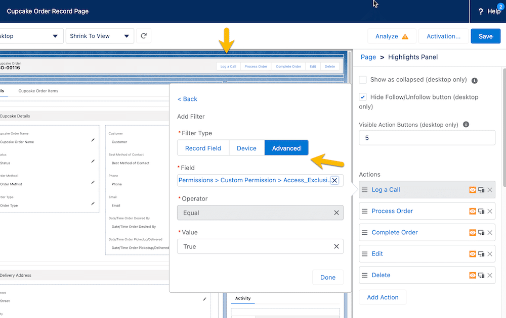 Component visibility configuration for the Log a Call action.