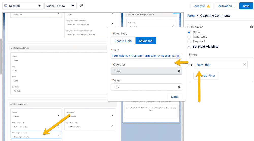 Setting the Coaching Comments field to only show if the user has the custom permission Access Exclusive Cupcake Order Components. 