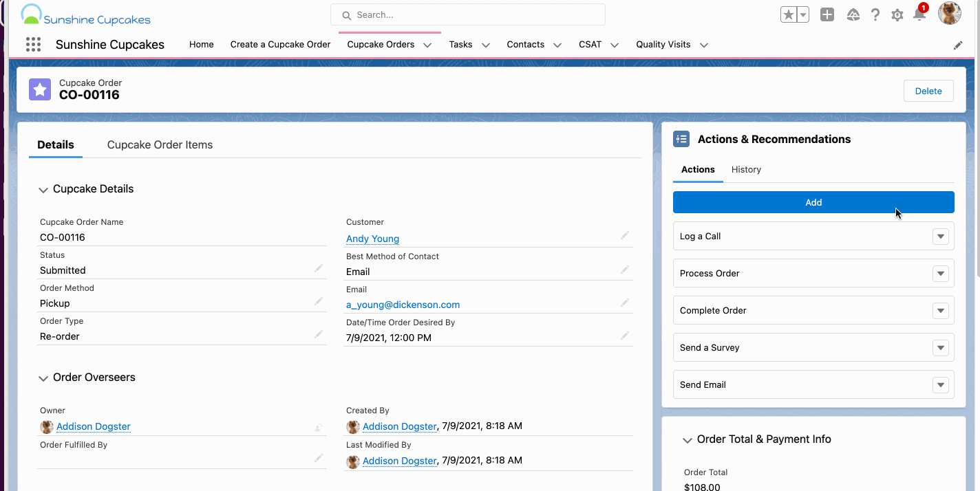 Setting component visibility for the Actions & Recommendations component.