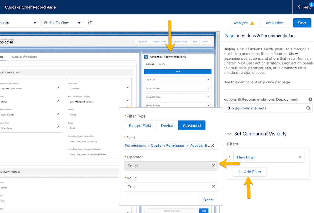 Configured component visibility on the Actions & Recommendations component.