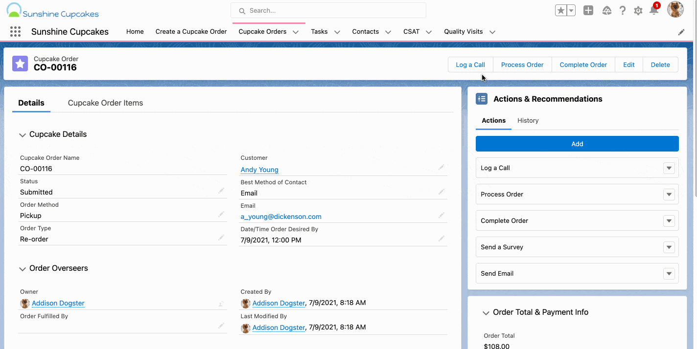 Setting component visibility for an action.