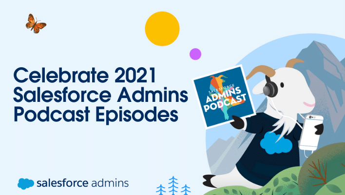 Cloudy listening to the Salesforce Admins Podcast next to text that says "Celebrate 2021 Salesforce Admins Podcast Episodes."