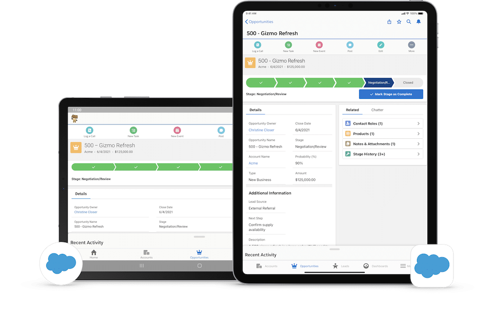 Salesforce mobile app on tablet.