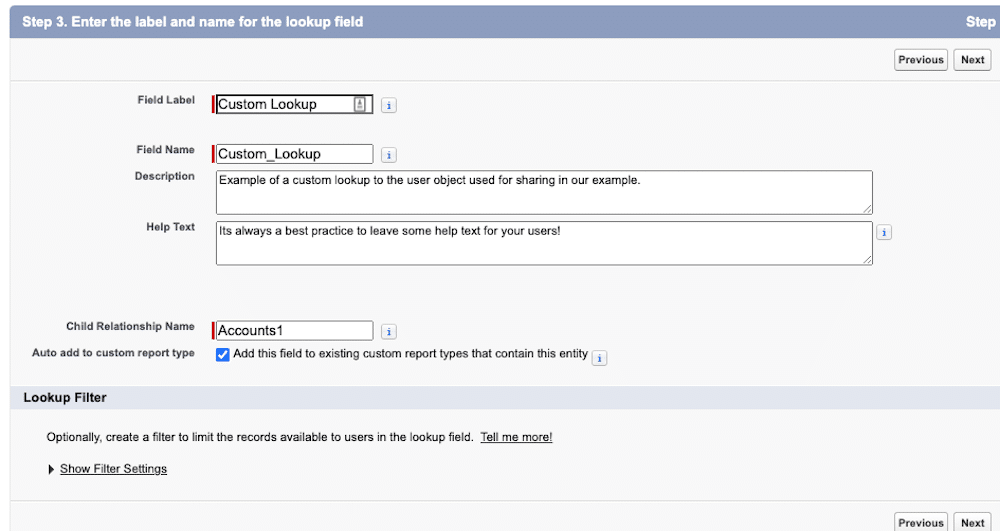 The Custom Lookup field attributes.