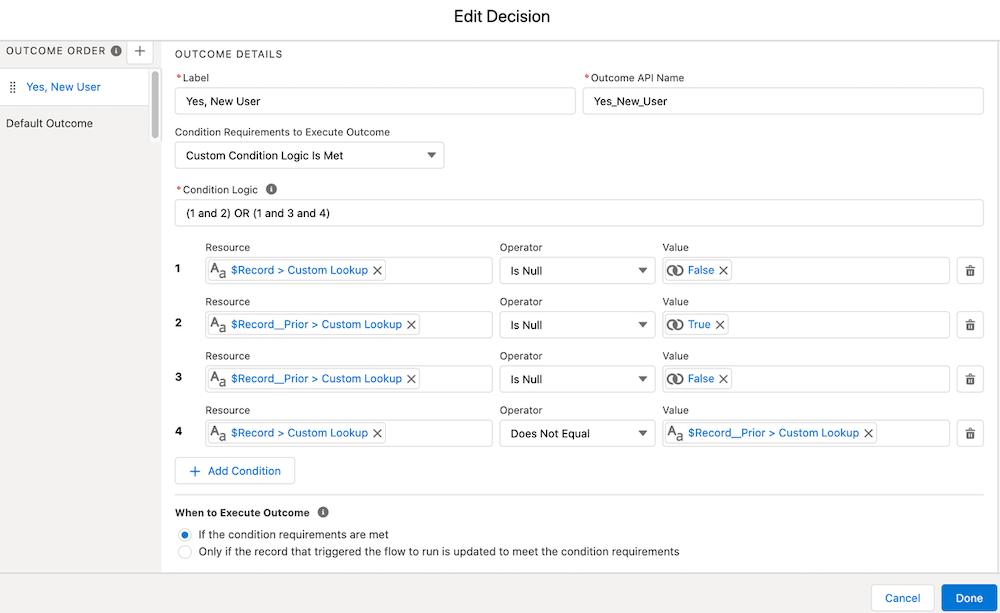 New User Populated? Decision Flow element.