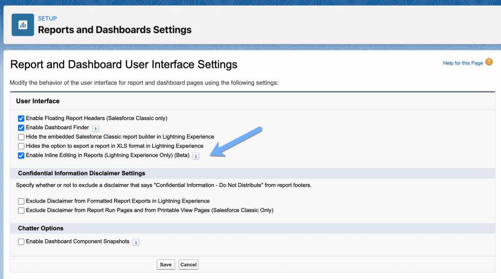 Reports and Dashboards Settings page for enabling multiple inline report editing feature