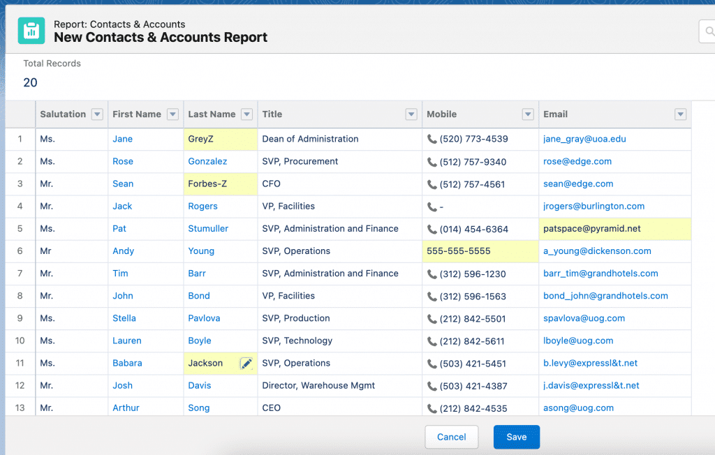 A report with inline editing changes made to multiple fields and records