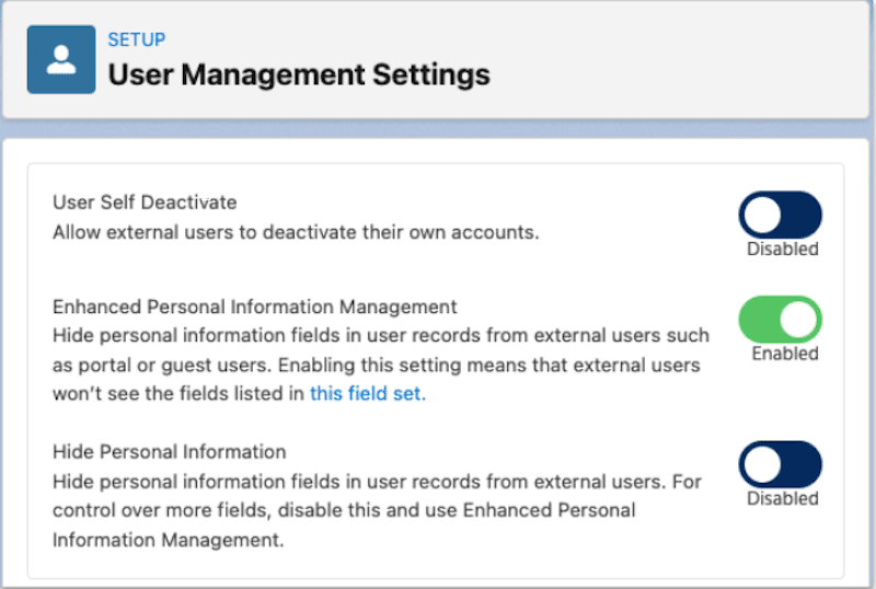 User Management Settings in Setup with the Enhanced Personal Information Management setting enabled.