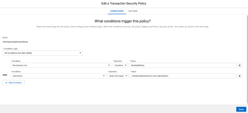 Transaction policy screen that will monitor a permission set that contains Modify All Data.