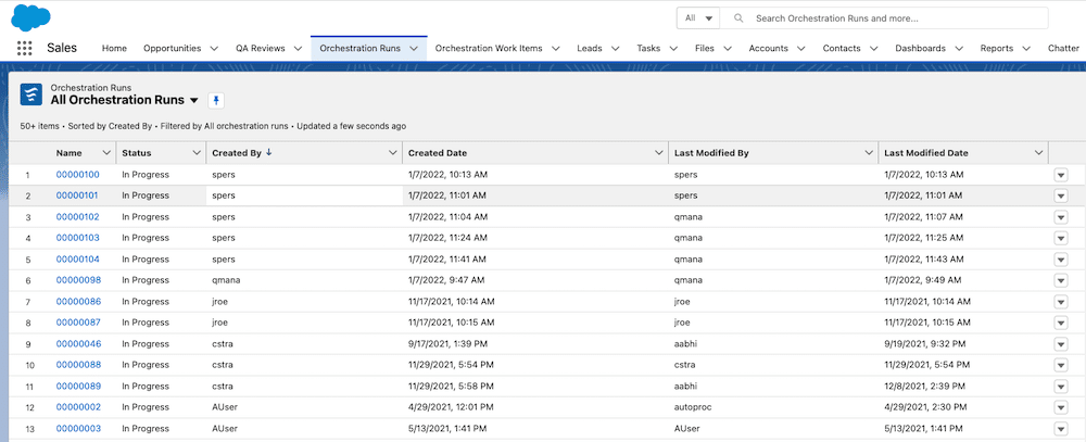 Orchestration Runs list view.