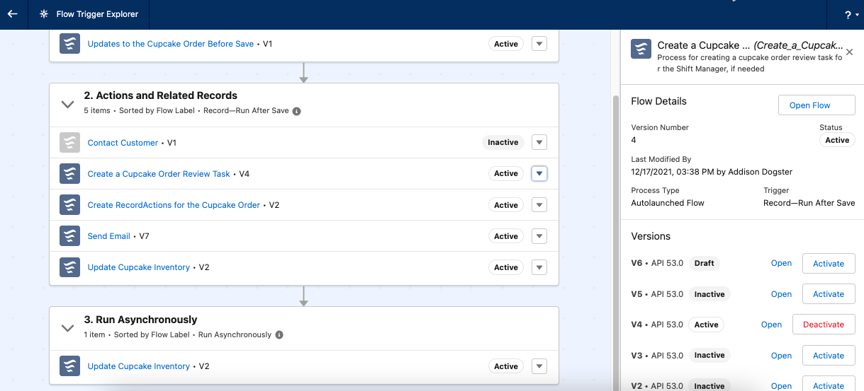 Flow Trigger Explorer showing the Flow Details panel for an individual record-triggered flow.