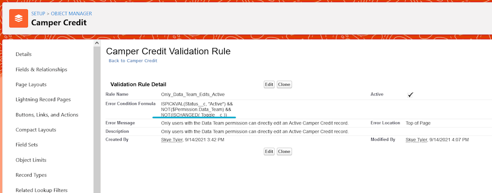 The validation rule with the Toggle reference.