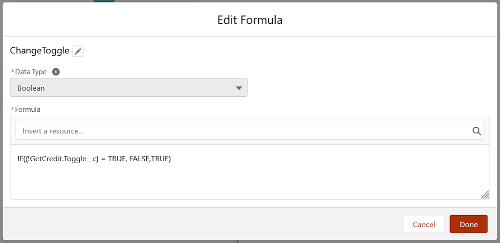 The formula flow resource with the Toggle formula.