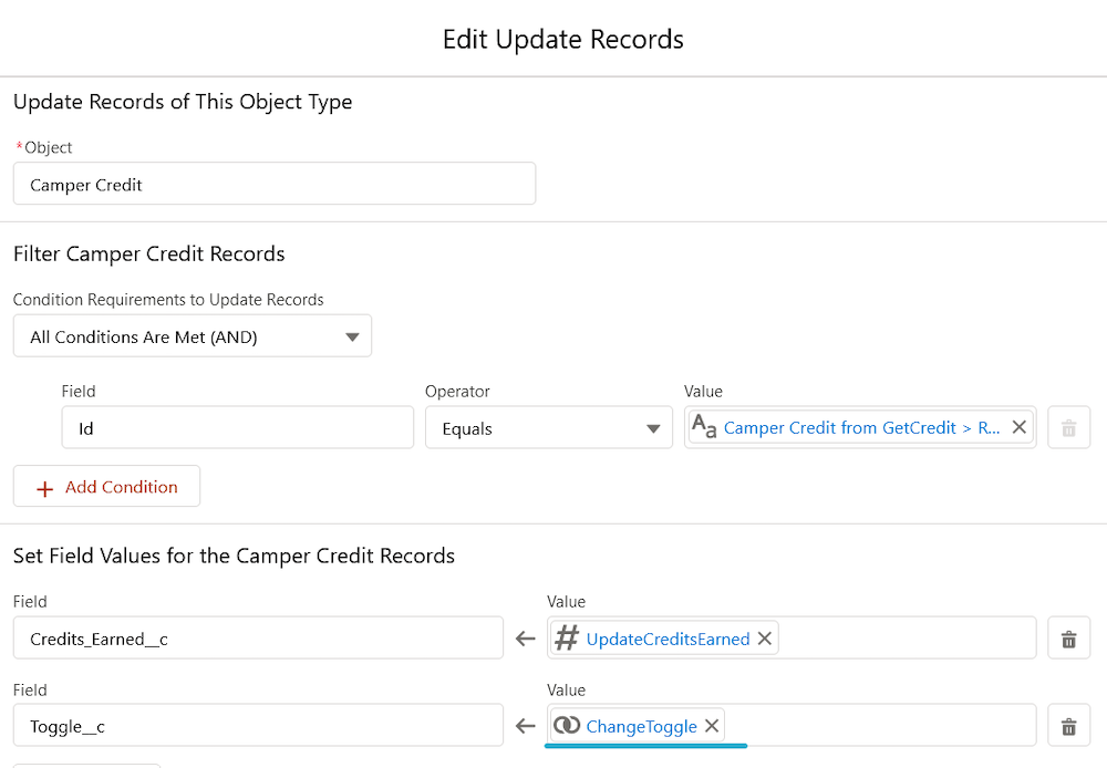 The Update Records Flow element where the Toggle value is set using the formula variable.