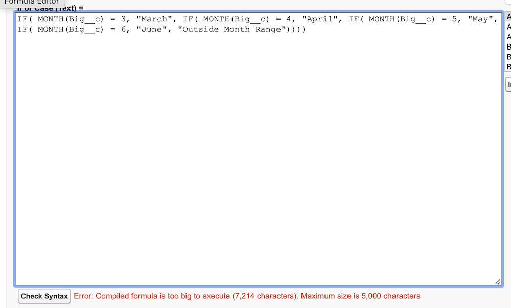 The nested IFs version of the formula, showing the compile error message.