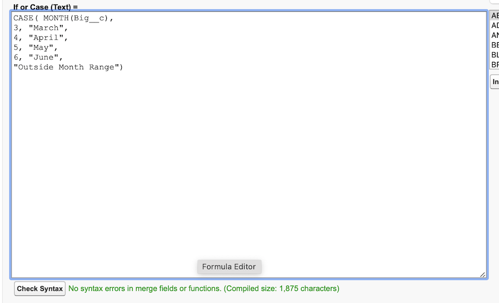 The nested CASE version of the formula, showing the “No syntax errors” message.