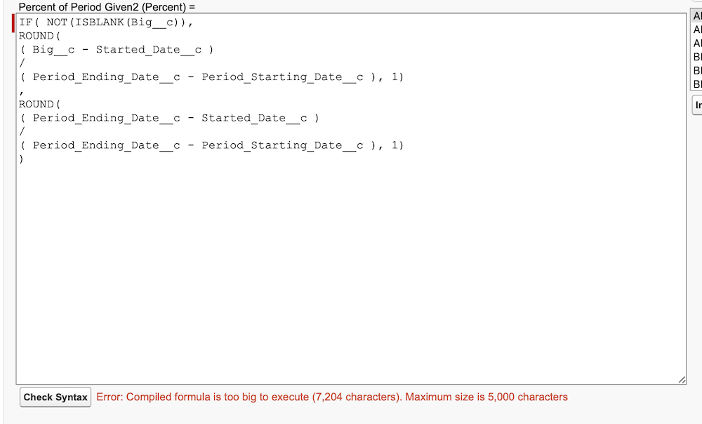 With two ROUND() statements in the formula, it’s 7,204 characters.