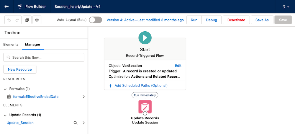 Flow canvas showing a single Update Records component and a formula resource in the Manager palette.