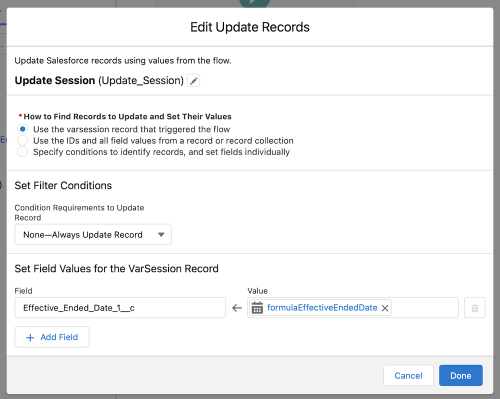 Update Records element showing that Effective_Ended_Date_1__c is filled with the formula formulaEffectiveEndedDate.