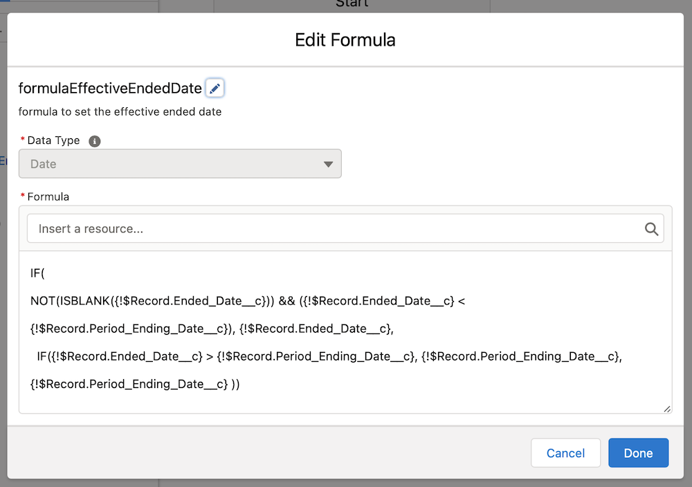 Formula element formulaEffectiveEnded Date.