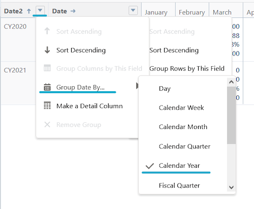 Report configuration, grouping the date by Calendar Year.