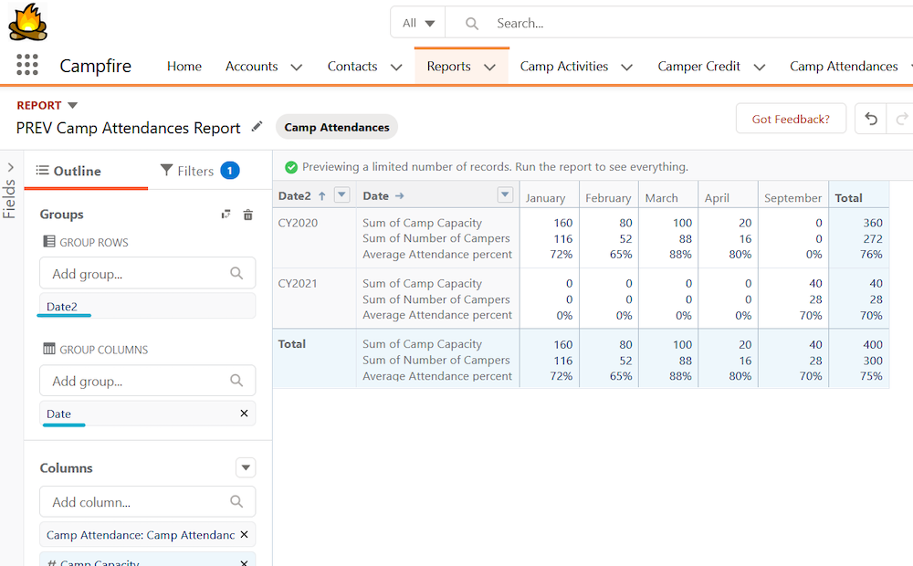 Completed matrix report grouped first by Calendar Year and then by month.