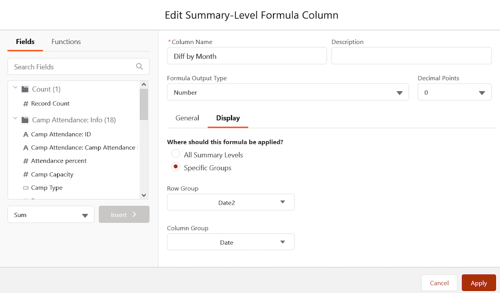 Summary-Level Formula Column configuration display by Date2 as Row Group and Date as Column Group.