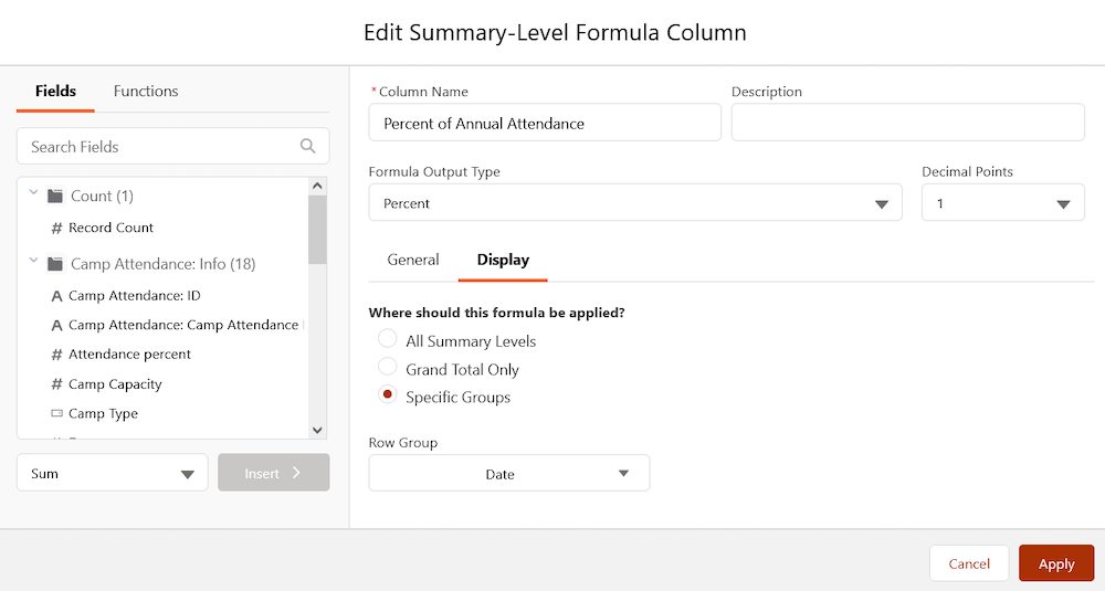 Summary-Level Formula Column display configuration.