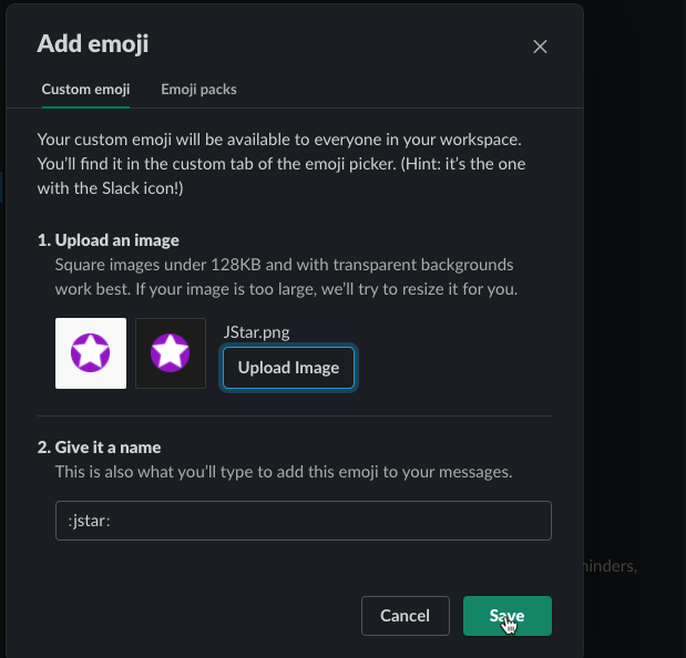 Uploading a custom emoji in Slack.