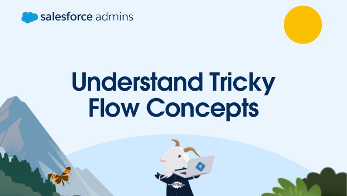 Cloudy holding a laptop and standing under tex that says "Understand Tricky Flow Concepts."