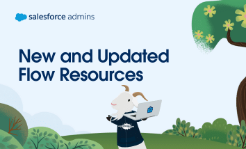 Cloudy standing under text that says "New and Updated Flow Resources."