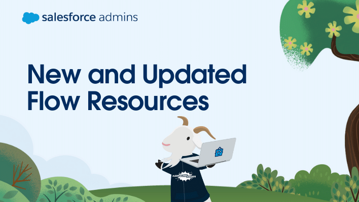 Cloudy standing under text that says "New and Updated Flow Resources."