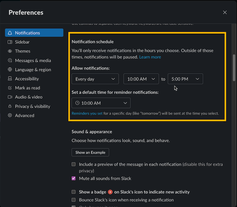 Preferences menu displaying the settings listed above.