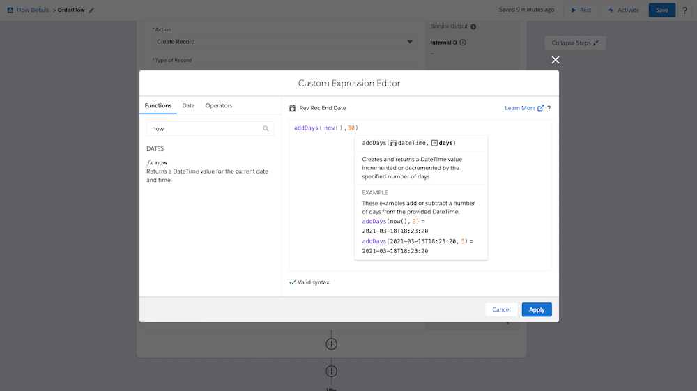 The Custom Expression Editor in Composer with the Revenue Recognition End Date set to 30 days from now.