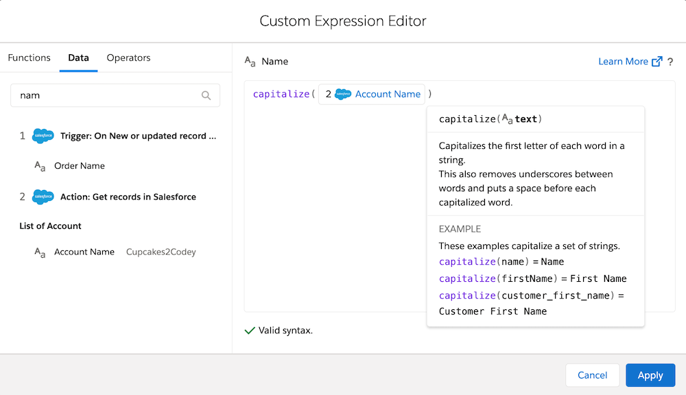 Using the Custom Expression Editor to capitalize the Account Name.