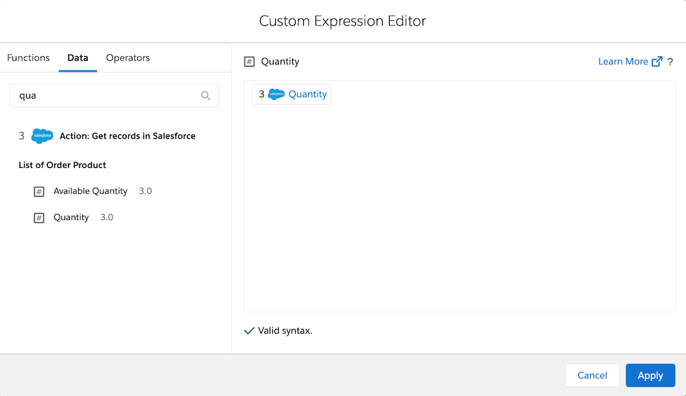 Using the Custom Expression Editor to search for the Quantity value.