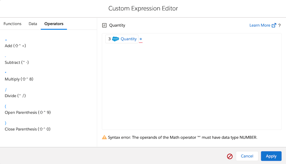 The Custom Expression Editor with the multiple expression added after the Quantity field.