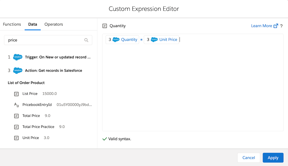 The Custom Expression Editor with Unit Price added as a new field after the multiplication expression.