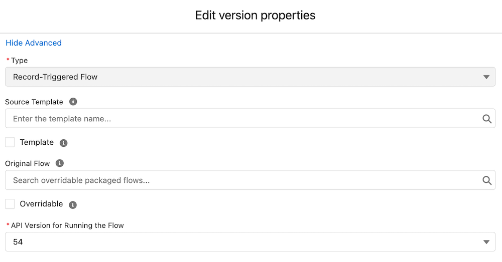 A flow’s properties with the Advanced attributes expanded to show the API Version for Running the Flow field.