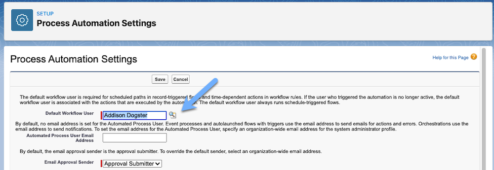 Process Automation Settings page where you can set the Default Workflow User.