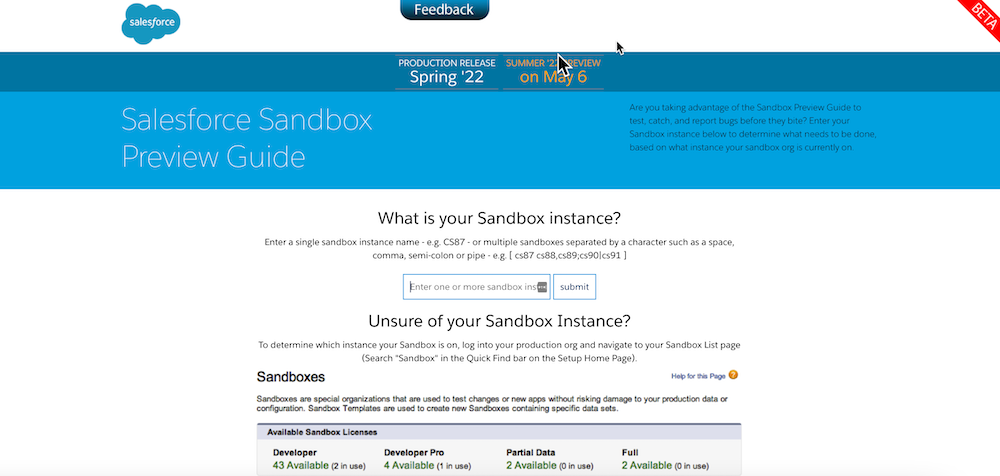 The Salesforce Sandbox Preview Guide with the ability to search a sandbox instance.