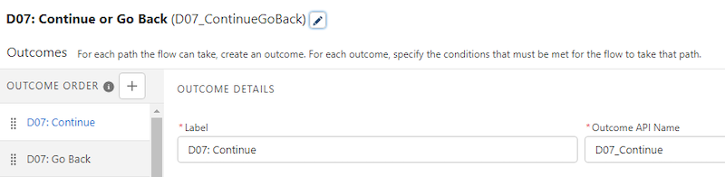 Example of a different decision outcome for “Continue”, using the naming convention.