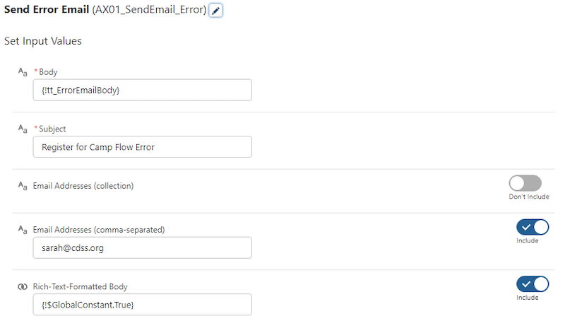 The send email Apex action configured to send Sarah the customized flow error email.