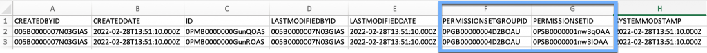  Permission set group component records with PermissionSetGroupId and PermissionSetId fields highlighted