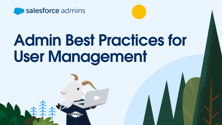 Cloudy standing with a laptop next to text that says "Admin Best Practices User Management."